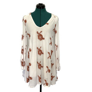 Free People Emma Austin Boho Floral Gauzy Embroidered Swing Dress S‎ Off White